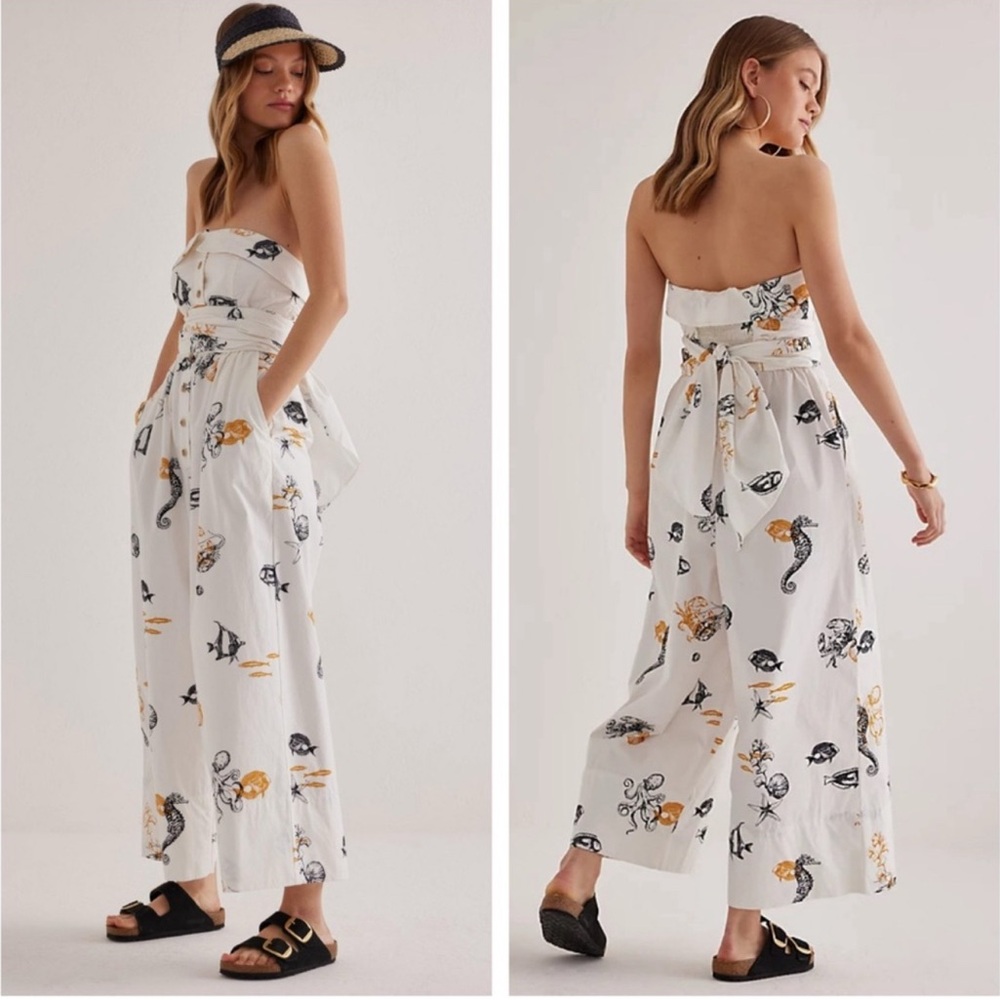 Maeve White Strapless Wide-Leg Jumpsuit with Navy & Gold Sea Creature Print